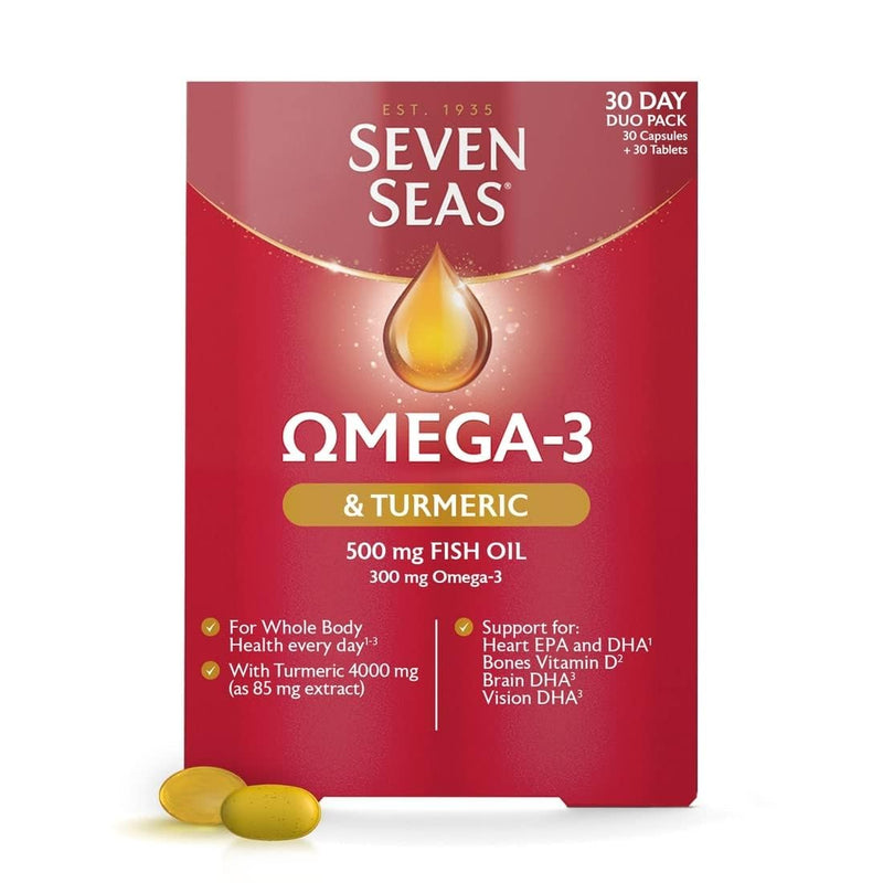 Seven Seas Omega-3 Fish Oil Turmeric, With 500 mg Fish Oil + 300 mg Omega-3, 60 High Strength Tablets With Vitamin D & 250 mg EPA & DHA, Whole Body Health+, Duo Pack: 30 Capsules + 30 Tablets - BeesActive Australia