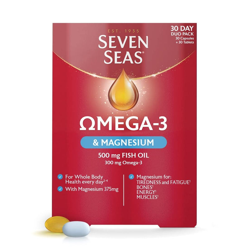 Seven Seas Omega-3 Fish Oil & Magnesium, 500 mg Fish Oil + 300 mg Omega-3, 60 High Strength Tablets With Vitamin D & 375 mg Magnesium, EPA & DHA, Whole Body Health+, Duo Pack: 30 Capsules + 30 Tablets - BeesActive Australia