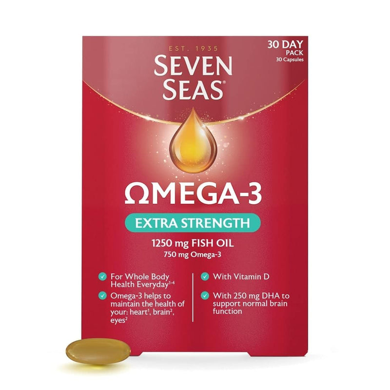 Seven Seas Omega-3 Fish Oil Extra Strength, One-A-Day, Vitamin D, 1250 mg Fish Oil, 750 Mg Omega-3 + 250 mg, 30 High Strength Tablets - BeesActive Australia