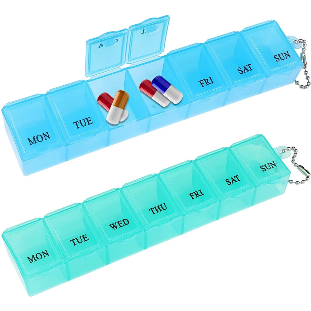 2 Pcs Pill Box, 7 Day 1 Time a Day Pill Dispenser Storage Case Portable Medicine Storage Box Tablet Boxes Pill Organiser for Medicines Supplements Vitamins Cod Liver Oil (Blue, Green) 2 Count (Pack of 1) - BeesActive Australia