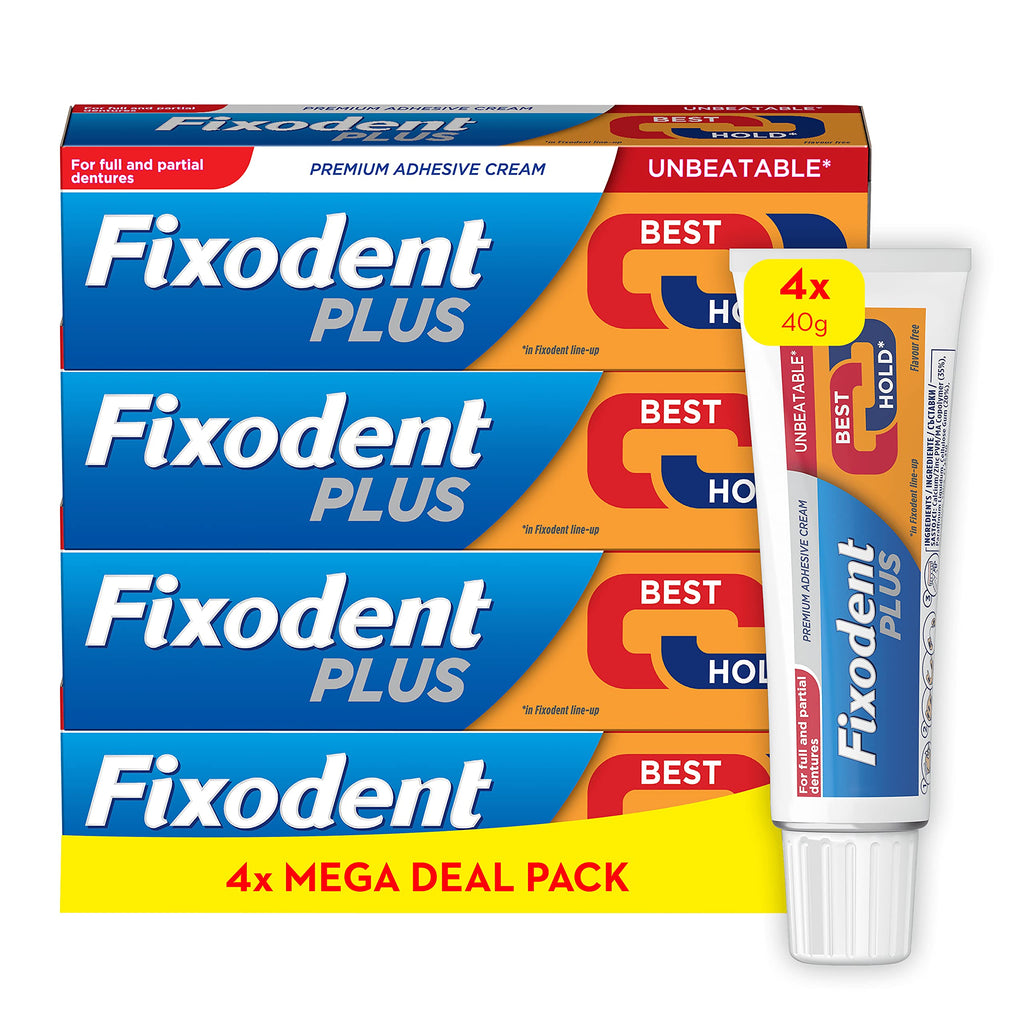 Fixodent Plus Denture Adhesive Cream, Best Hold, Premium, Up To 88% Of The Hold At The End Of The Day, 40 g (Pack of 4) - BeesActive Australia