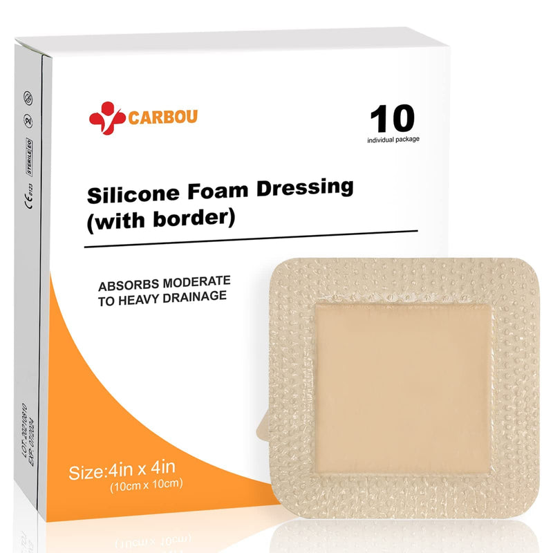 Carbou 10Pcs Silicone Foam Dressing 4"x 4"(10 cm x 10 cm) - with Border Adhesive Waterproof Central Ultra Absorbent-Foam (2.5" X 2.5") Square Dressing Waterproof Silicone Wound Bandage 4x4 Inch(Pack of 10) - BeesActive Australia