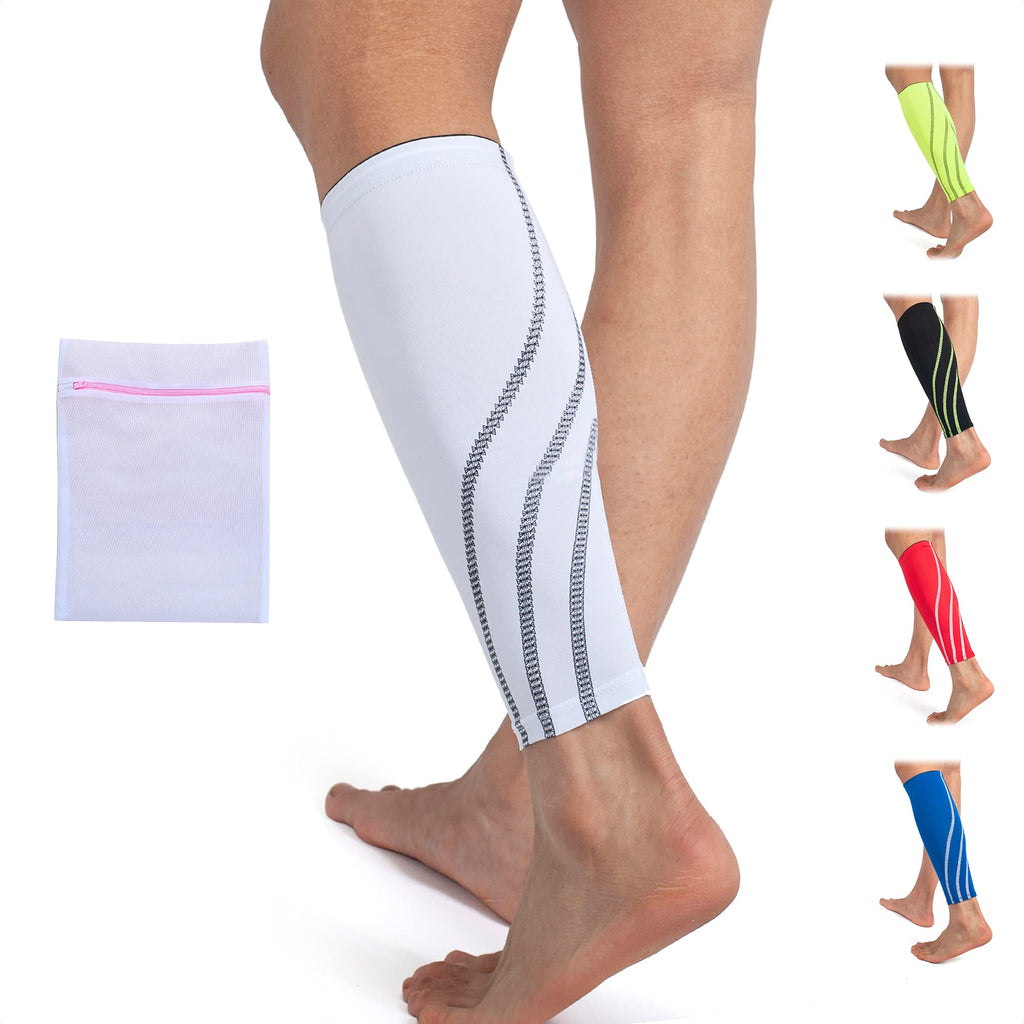 360 RELIEF Compression Calf Sleeves - for Men and Women Sports | Shin Splints, Torn Muscle Cramps, Workout, Circulation, Running, Hiking, Marathon | Single, Large, White with Mesh Laundry Bag | L-Single - BeesActive Australia