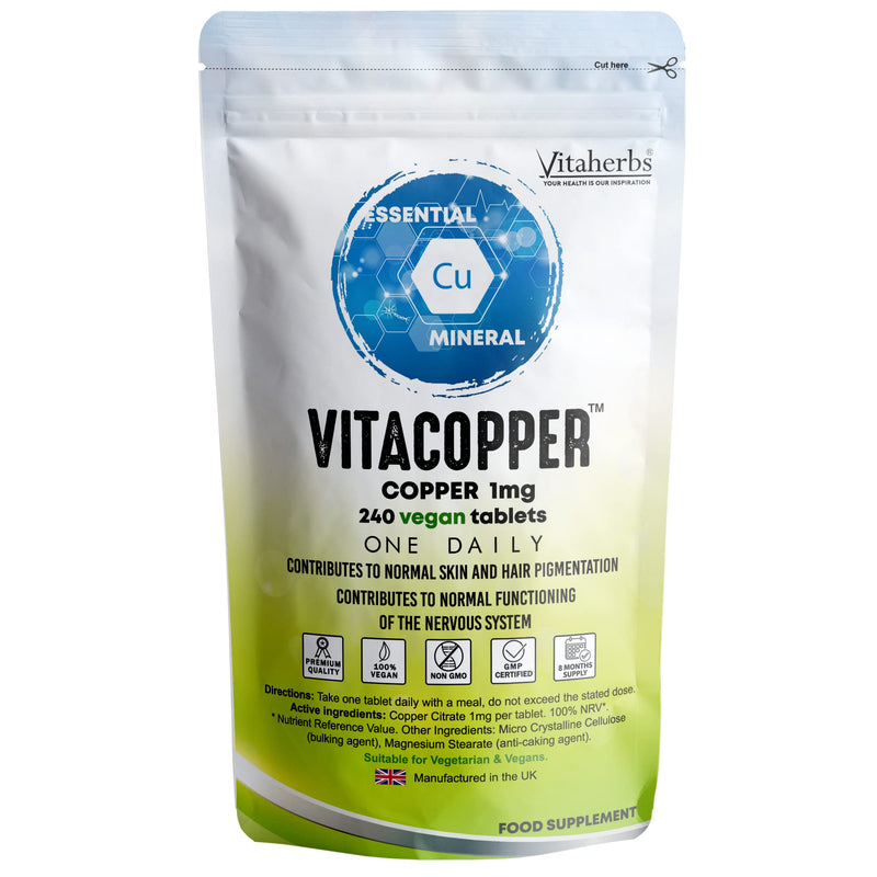 Copper Supplement 1000 mcg 240 Vegan Tablets � Copper tablets � 8 Month Supply-Contributes To Normal Hair And Hair Pigmentation | Nervous System | Immune System | Copper 1mg - Vitacopper by Viateherbs - BeesActive Australia