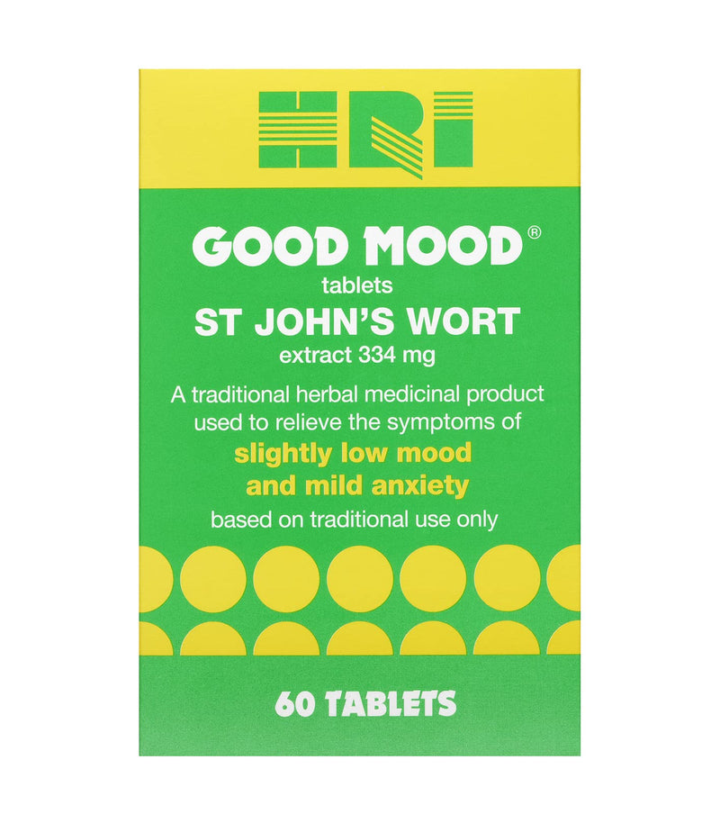HRI Good Mood St Johns Wort Tablets 334 Milligrams - Strongest Approved Dose on The UK Market - to Relieve The Symptoms of Slightly Low Mood and Mild Anxiety Relief. 60 Tablets 60 Count (Pack of 1) - BeesActive Australia