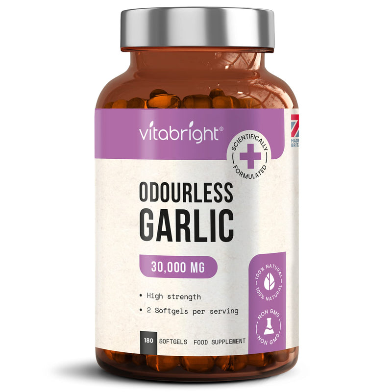 Odourless Garlic Capsules - High Strength 30,000mg - 180 Deodourised Garlic Oil Softgels � High in Allicin Garlic Supplement - 100% Natural Cold Pressed Garlic Tablets � Immune Support - Made in UK - BeesActive Australia