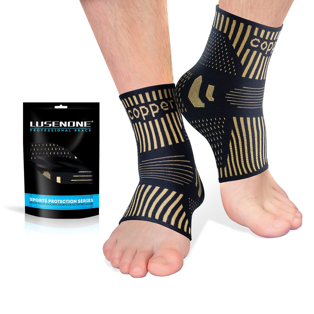 Lusenone Copper Ankle Brace Support for Men & Women (Pair), Best Ankle Compression Sleeve Socks for Plantar Fasciitis, Sprained Ankle, Achilles Tendon, Pain Relief, Recovery, Sports Black - High Copper Medium (Pack of 2) - BeesActive Australia