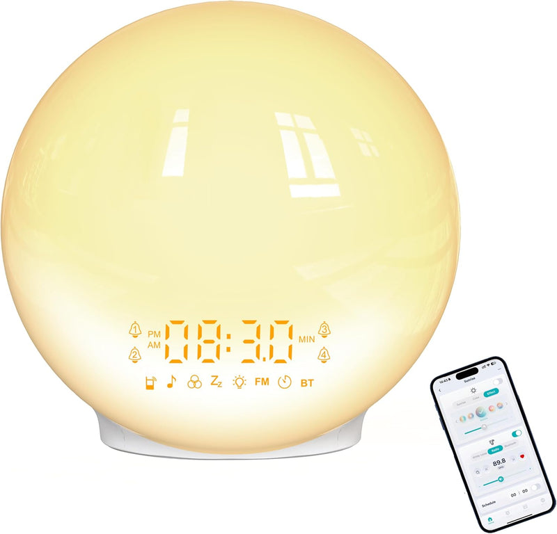 Sunrise Alarm Clock, Digital Alarm Clock Wake Up Light Dual Alarms an with Radio, Brightness Adjustable Night Light Sunrise/Sunset Simulation 7 Natural Sounds Colorful Lamp FM Radio USB Charger Port White - BeesActive Australia