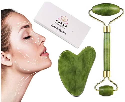 Jade Roller for Face and Gua Sha Set Beauty Cosmetic Facial Skin Roller Massager Tool Natural Green Jade - BeesActive Australia
