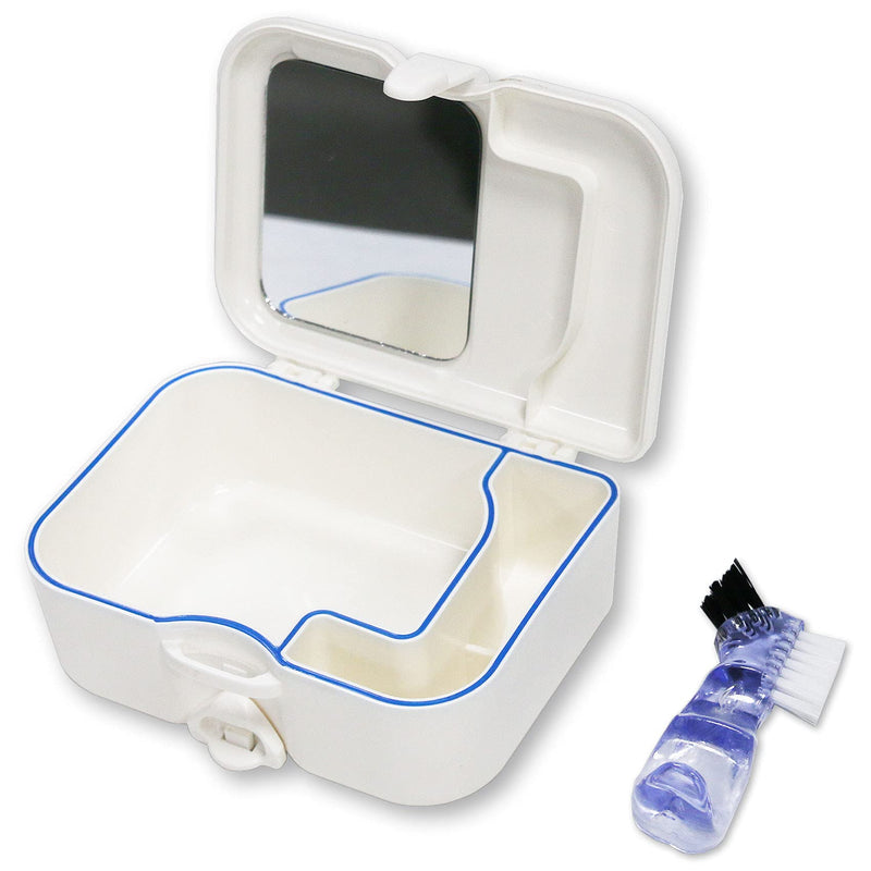 Denture Bath Case Cup Box with Mirror & Clean Brush, Portable Denture Holder Storage Soak Container for Travel Cleaning, Mouth Guard Night Gum Retainer Container - BeesActive Australia