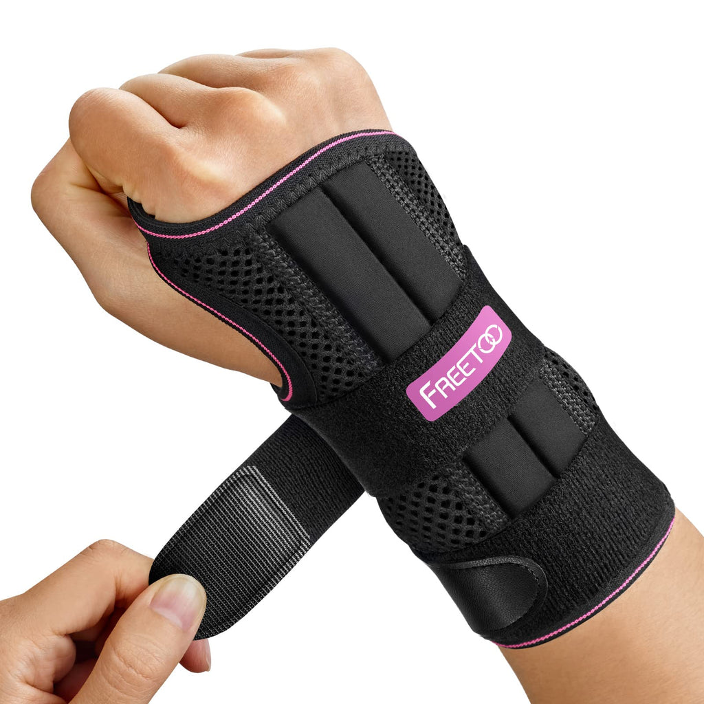 FREETOO Doctor Approved Wrist Support with 3 Stays,Adjustable Day Night Carpal Tunnel Wrist Splint for Men Women,Wrist Support Brace for Arthritis,Tendonitis,Sprained,RSI, Sports Protect, Right(S/M) Right(13-20CM) Right-RoseRed - BeesActive Australia