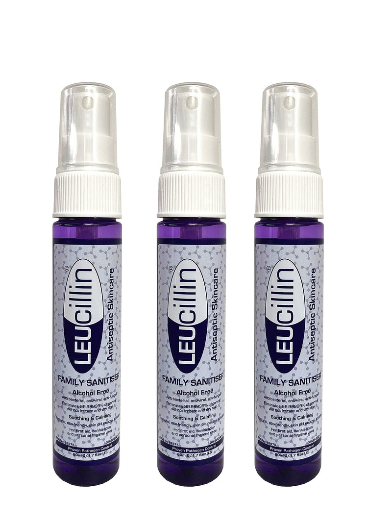 Leucillin Family Sanitiser | Travel Size Hand Sanitiser | Alcohol Free Antibacterial, Antifungal & Antiviral Antiseptic Spray Disinfectant | Hypochlorous Sanitiser for Hands, Face, Skin (3 x 60 ml) 60 ml (Pack of 3) - BeesActive Australia