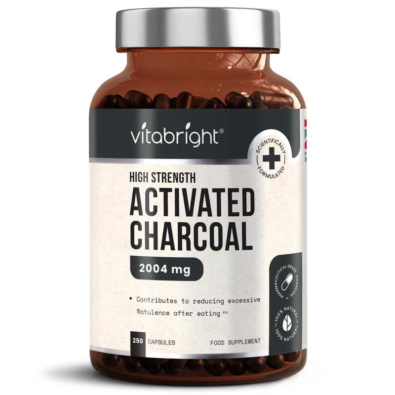 Activated Charcoal Capsules - 250 Capsules - 2004mg per Serving of 6 Capsules - from Natural Coconut Shell - for Indigestion, Bloating, Excessive Flatulence, Gas - Vegan - Made in UK by VitaBright - BeesActive Australia