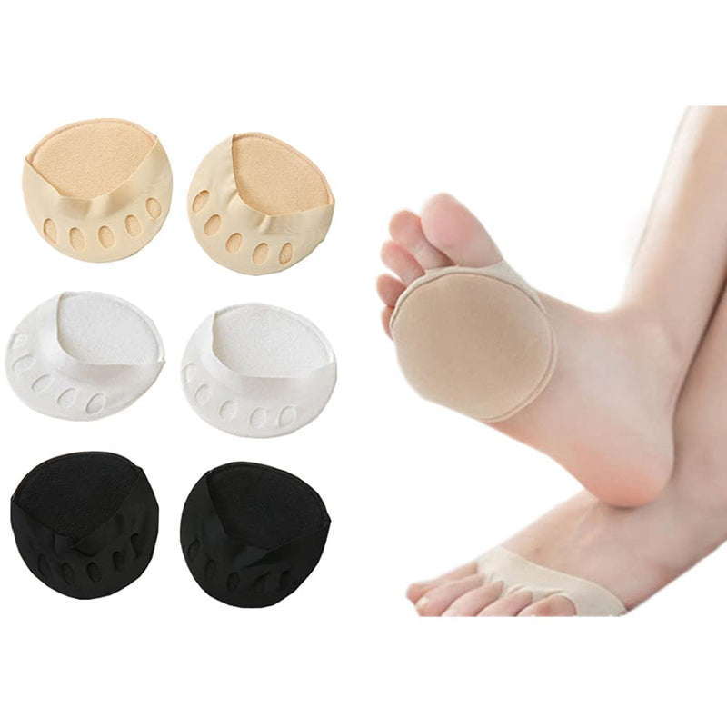 Foot Pads(3pairs) Reusable Soft Ball of Foot Cushions Forefoot Pads for Women Prevention Pain Relief Honeycomb Fabric Toe Socks, 5 Toes, Sweat Absorbent, Non-Slip, Foot Cover, Inner Socks heyveen Black White Apricot - BeesActive Australia