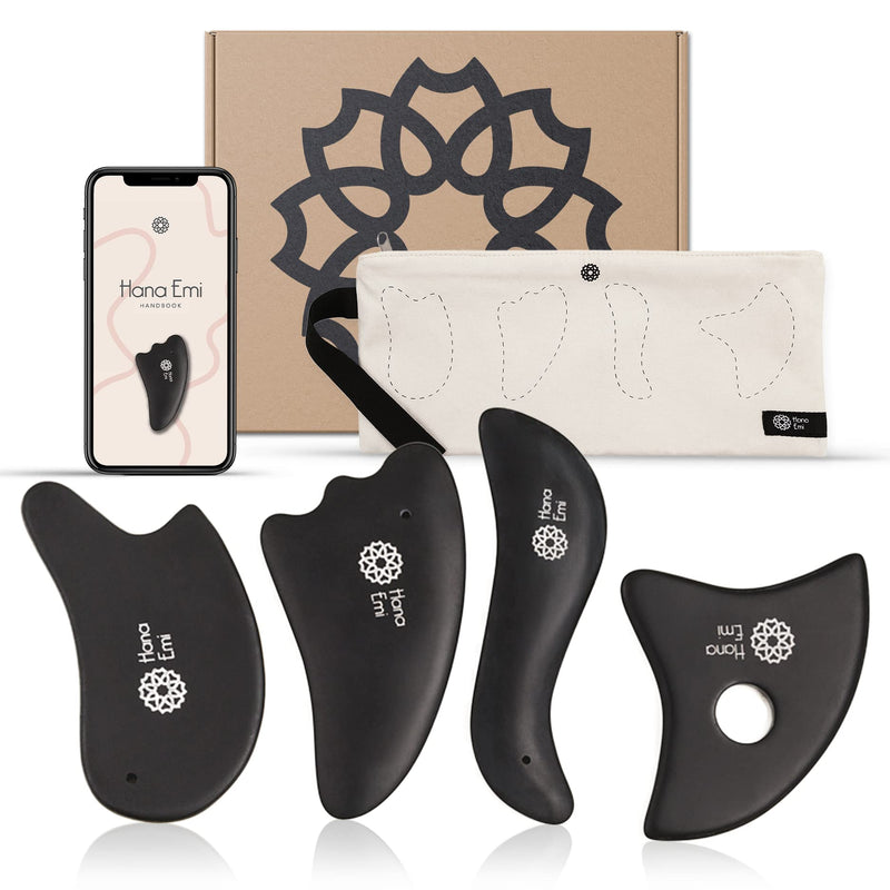 Large Gua Sha Skincare Tools - Guasha Stone Set Of 4 - Face Massage Tool - Face Roller Massager - Anti Aging - Body Gua Sha Massager - Face Roller Massager - Face Scraper - Jawline Sculptor - Hana Emi Wing, Wave, Heart & triangle - 4 Pieces Set - BeesActive Australia