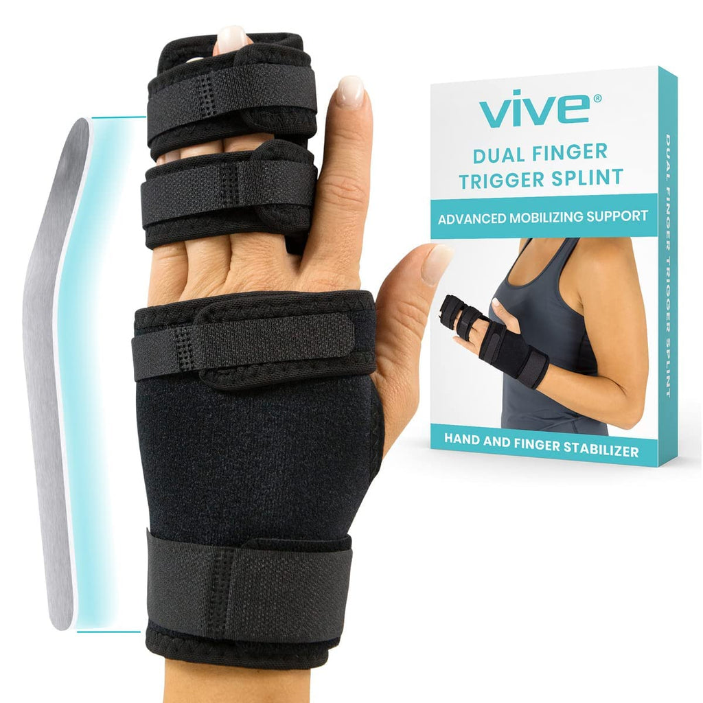 Vive Dual Trigger Finger Splint - Hand Support -Immobilizer For Middle, Pinky, Metacarpal And Ring Fingers - Straightening Braces For Contractures And Broken Fingers And Arthritis - For Men And Women Black - BeesActive Australia