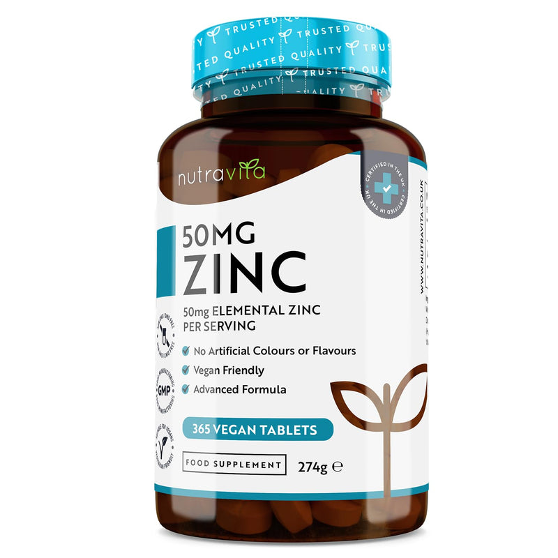 Zinc Tablets 50mg � 365 Vegan Tablets for 6 Months Supply � Zinc Supplement High Strength for Maintenance of Normal Immune System, Bones, Hair, Skin & Nails � Made in The UK by Nutravita - BeesActive Australia