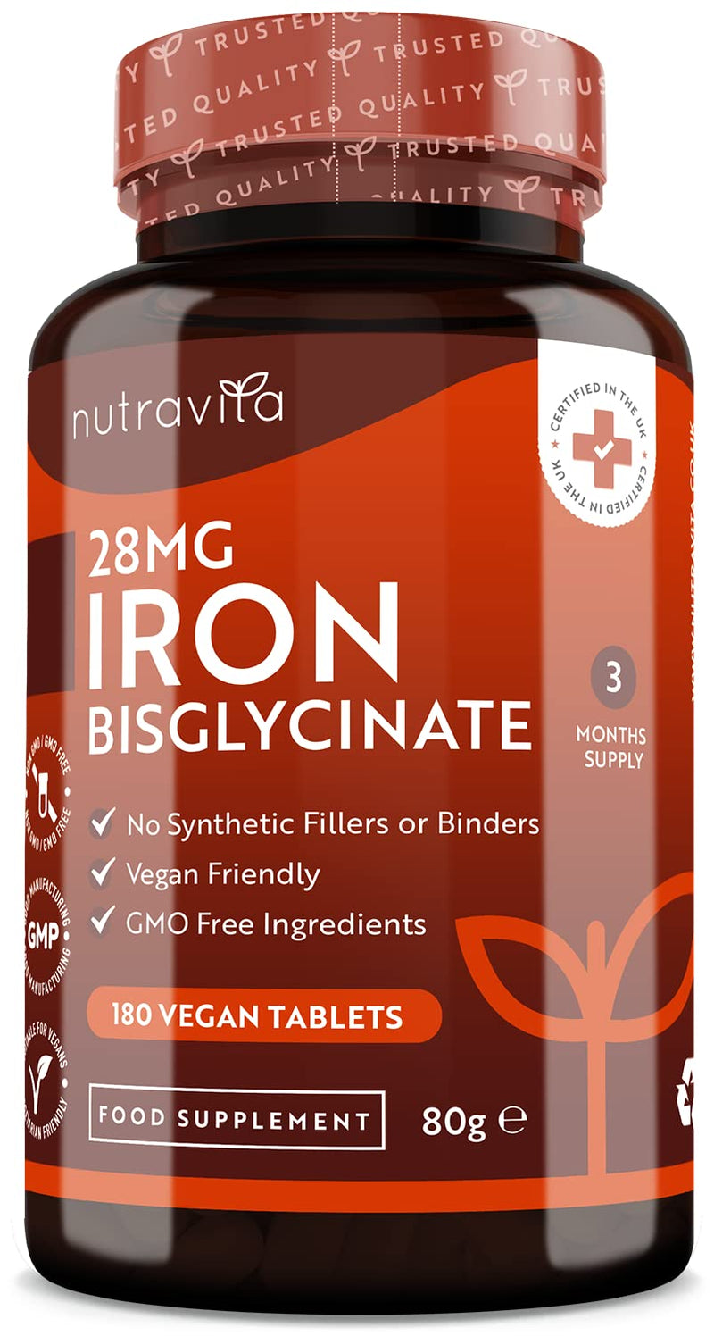 Iron Tablets 28mg � 180 Vegan Tablets (3 Month Supply of Iron Supplements) � Contributes to The Reduction of Tiredness and Fatigue � Suitable for Men and Women � Made in The UK by Nutravita - BeesActive Australia