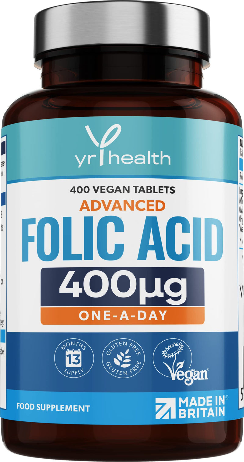 Folic Acid 400 mcg Tablets - 400 Vegan Vitamin B9 Tablets for Women, 13 Month Supply, Folic Acid Pregnancy for Normal Function of Immune System and Maternal Tissue Growth - Made in The UK by YrHealth - BeesActive Australia