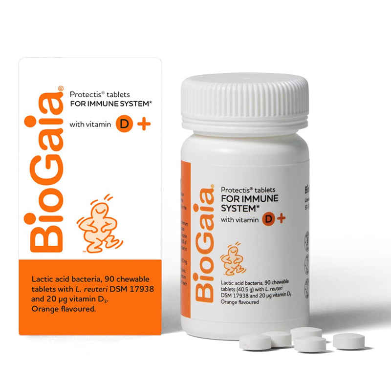 BIOGAIA Protectis Probiotic Chewable Vitamin D3 Tablets, Orange Flavoured, 90 Pieces, for The Whole Family 90 Count (Pack of 1) - BeesActive Australia