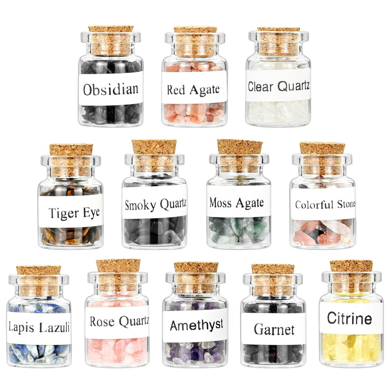 12Pcs Mini Crystals Gemstone Bottles Set, Healing Crystal Tumbled Stones Collection Kit Natural Quartz Gravel Wishing Bottle, DIY Craft Bottles for Reiki, Healing, Meditation, Chakra Balance 12pcs - BeesActive Australia