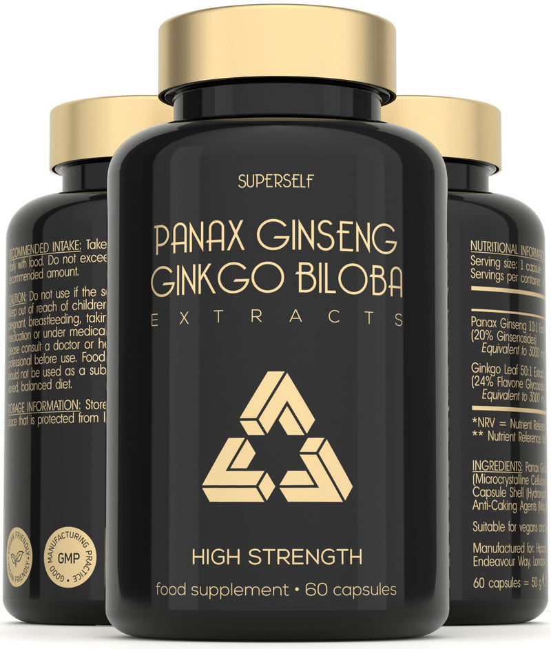 Panax Korean Ginseng Tablets - 6000mg Red Ginseng and Ginkgo Biloba - Supplements for Men & Women - High Strength 20% Ginsenosides Standardised - 60 Herbal Capsules - Premium Ginseng Root - UK Made - BeesActive Australia