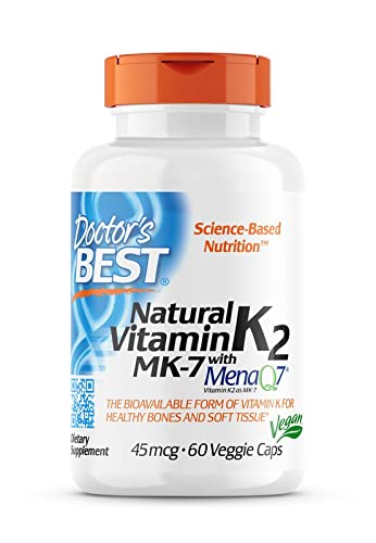 Doctor's Best, Natural Vitamin K2, MK-7 with MenaQ-7, 45mcg, 60 Vegan Capsules, Lab Tested, Gluten Free, SOYA Free, Vegetarian 60 count (Pack of 1) - BeesActive Australia