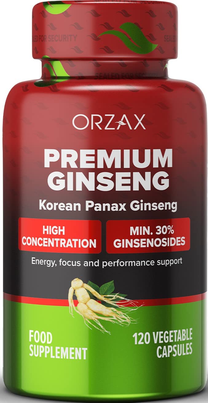 ORZAX Panax Ginseng , Korean Red Ginseng Capsules 30% Ginsenosides, Premium 120 Vegetable Capsules Panax Ginseng 1000 mg , for Energy Boosting , Support Focusing and Performance , Gluten-Free - BeesActive Australia