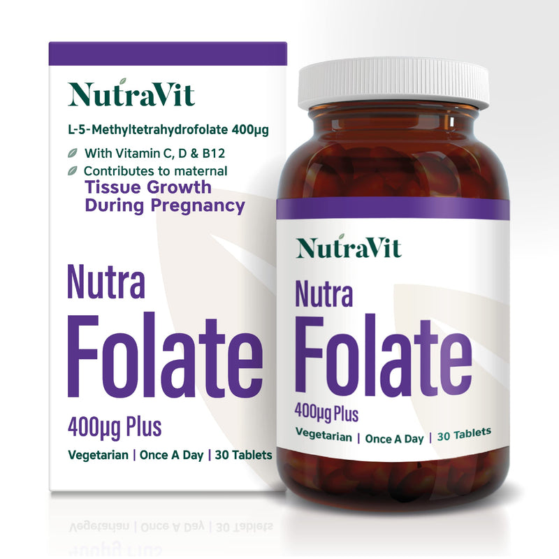 NUTRAFOLATE Plus - 400mcg Folic Acid Tablets (L-Methylfolate) | Vitamin B9-30 Tablets - Folic Acid Pregnancy & Pre-Pregnancy Vitamin - Contains Vitamins D, C and B12 - Vegetarian - NutraVit - BeesActive Australia