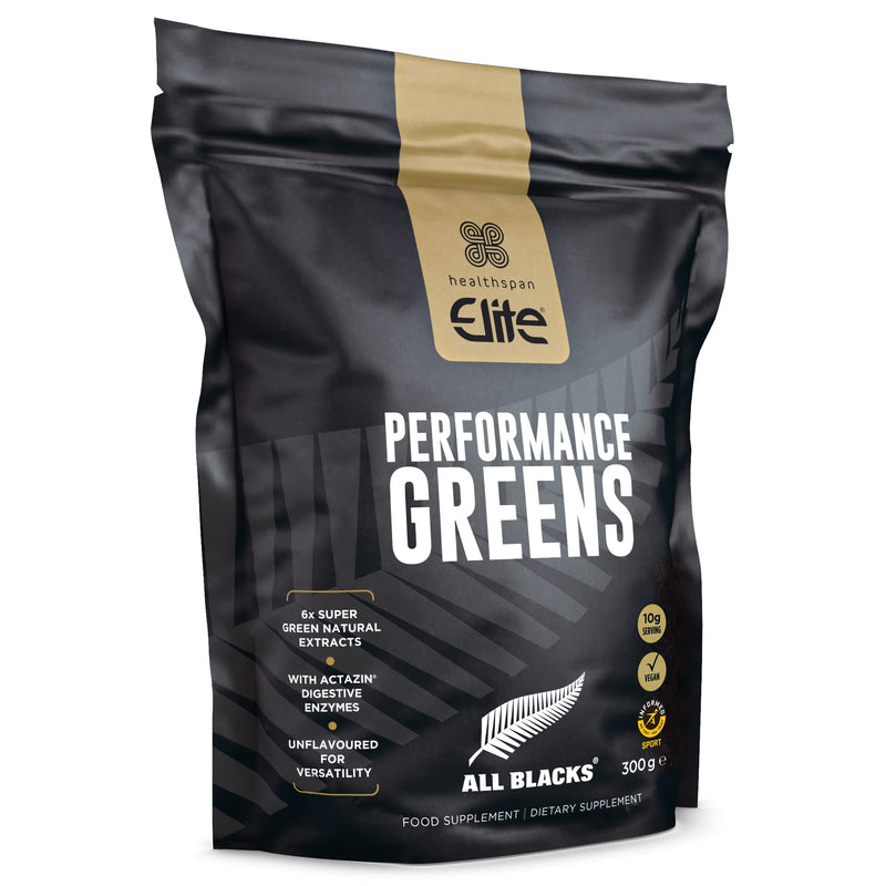 Healthspan Elite All Blacks Performance Greens (300g) | Super Green Extracts | Unflavoured | Add to Shakes or Meals | Includes Spirulina, Kale, Spinach, Broccoli & Pomegranate | Added Actazin | Vegan - BeesActive Australia