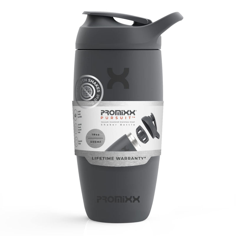 Promixx Pursuit Shaker Bottle Insulated Stainless Steel Water Bottle and Blender Cup, 550ml, Graphite Graphite Grey - BeesActive Australia