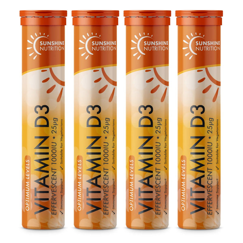 Sunshine Nutrition Vitamin D Effervescent Tablets - Dissolvable High Strength Vitamin D3-20 Vitamins Per Tube (4 Pack) 20 Count (Pack of 4) - BeesActive Australia