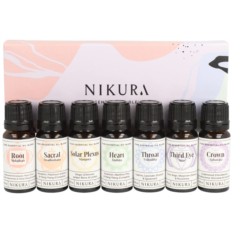 Nikura Chakra Blends Essential Oil Set | Spiritual Gifts, Meditation, Yoga Oil, Diffuser for Home, Candles | Root, Sacral, Solar Plexus, Heart, Throat, Third Eye, Crown Chakra | 7 x 10ml | UK Made Chakras - BeesActive Australia