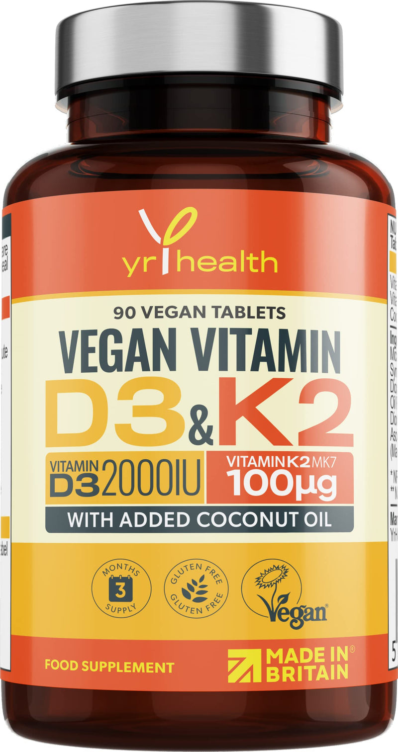 Vegan Vitamin D3 K2 Tablets High Strength & Coconut Oil for Absorbtion - Vitamin D 2000iu & Vitamin K2 Mk7 100mcg Plant Based Supplement for Immune System, Bones, Blood Calcium Levels, Made in The UK - BeesActive Australia