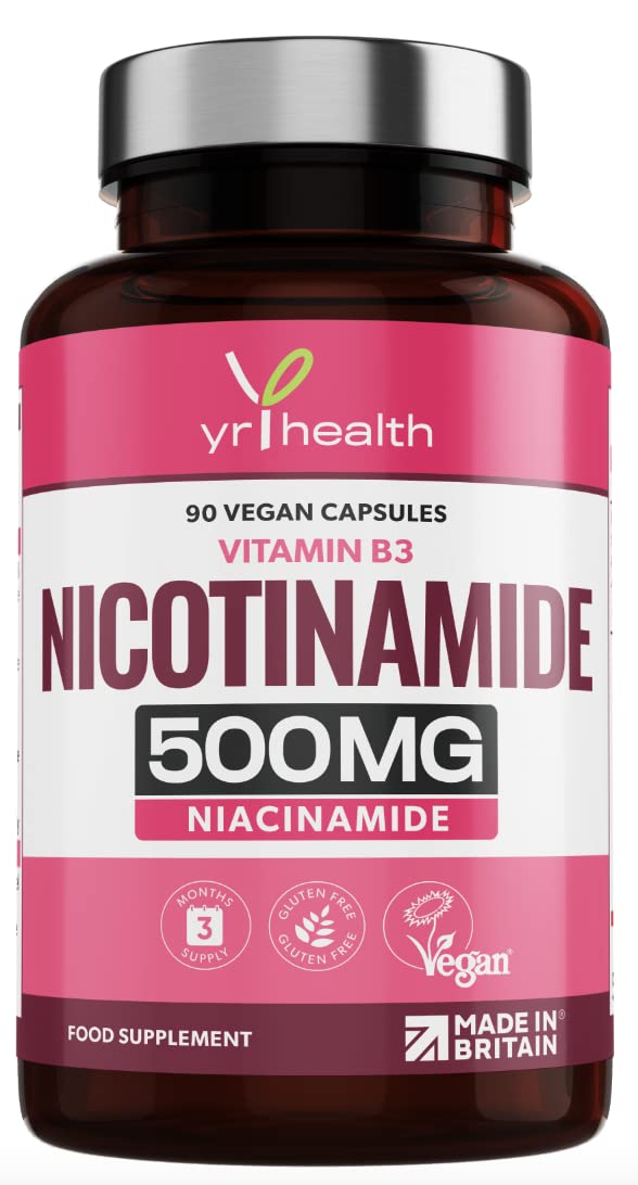 Vitamin B3 Nicotinamide, Niacinamide 500mg - 90 Vegan Niacin B3 Capsules Flush Free, for Skin, Energy Yielding Metabolism, Tiredness & Fatigue, One A Day, 3 Months Supply - Made in The UK by YrHealth - BeesActive Australia