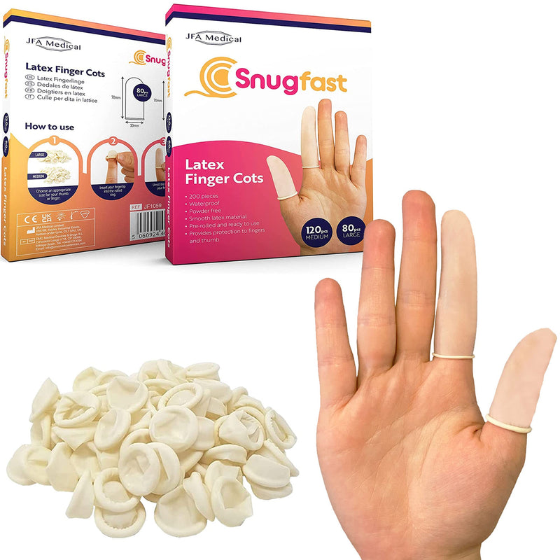 Snugfast Latex Finger Cots 2 Sizes, Medium and Large - Pack of 200 - Keep dressings Dry and Clean - BeesActive Australia