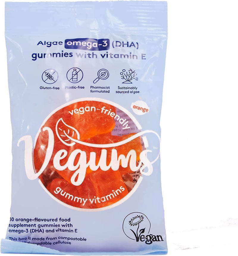 Vegums Fish-Free Omega-3 for Kids and Adults | 30 Orange-Flavoured Food Supplement Gummies with Omega-3 (DHA) Sourced from Marine Algae & Vitamin E | Suitable for Vegans and Vegetarians 30 Count (Pack of 1) - BeesActive Australia
