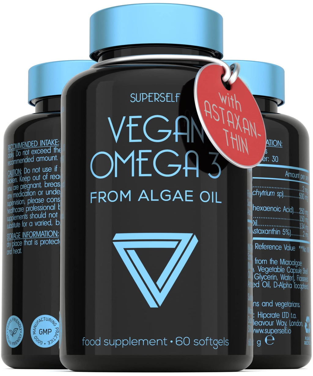 Vegan Omega 3 Capsules - High Strength DHA from Algae Oil 500mg - Algae Omega 3 Vegan with Flaxseed Oil, Astaxanthin, Vitamin E - 60 Easy to Swallow Softgel Tablets - Sustainable Vegetarian Supplement - BeesActive Australia