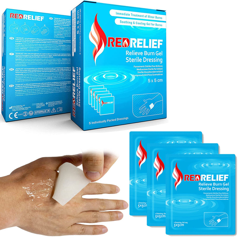 Pack of 5 RedRelief Emergency 5x5cm Burn Dressing - Cools, soothes and relieves Pain - BeesActive Australia