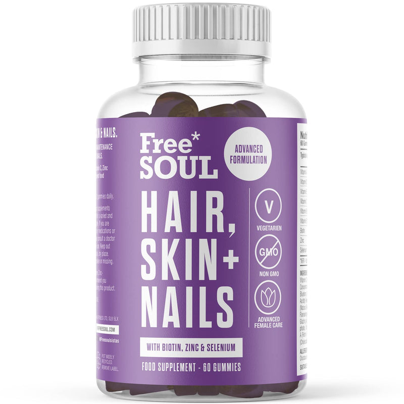 Hair, Skin, & Nails Gummies | Hair Growth & Skin Health Supplement | Biotin Enhanced with Vitamins B6, B12, Zinc, Selenium, E, A, C & D | Skin & Hair Support | 60 Advanced Gummies | Free Soul - BeesActive Australia
