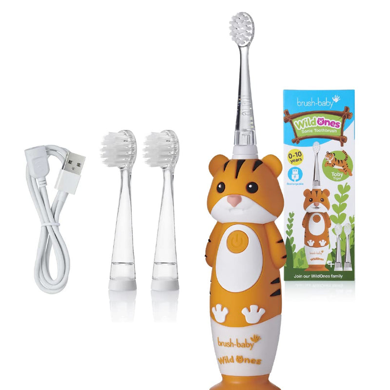 Brush-Baby WildOnes Kids Electric Rechargeable Toothbrush, 1 Handle, Brush Head, USB Charging Cable, for Ages 0-10 (Tiger) Tiger - BeesActive Australia