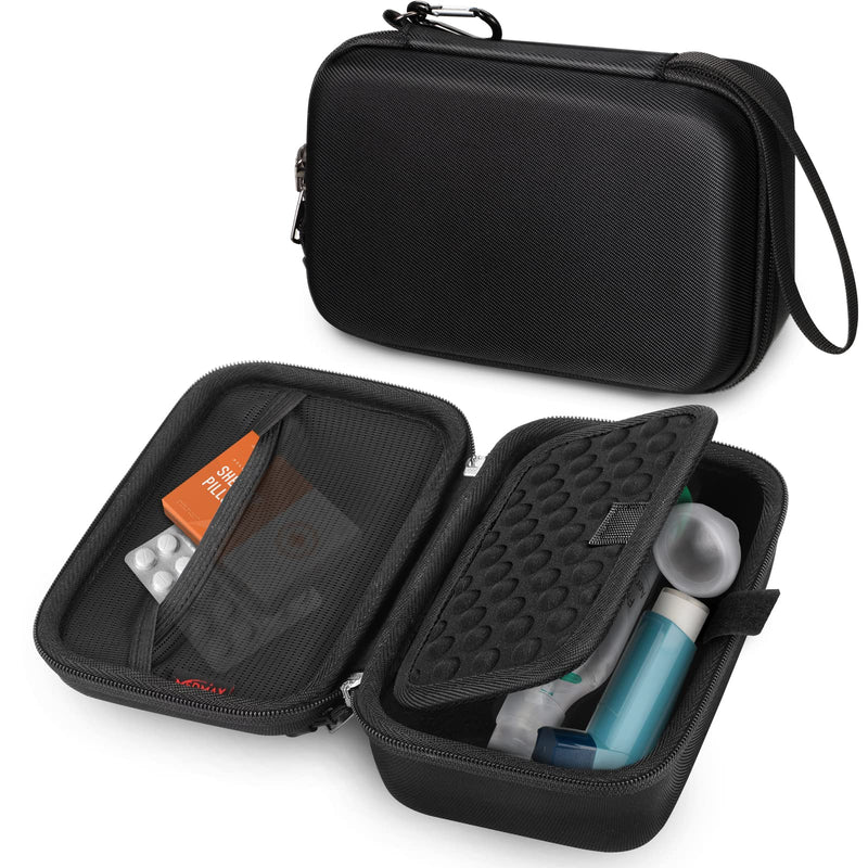 MEDMAX Hard Shell Case for Asthma Inhaler, Protective Portable Shockproof Anti-Scratch Medicine Travel Carrying Case with Clip and Handle Strap Compatible with Chamber Inhaler Spacer Masks, (Black) Black - BeesActive Australia