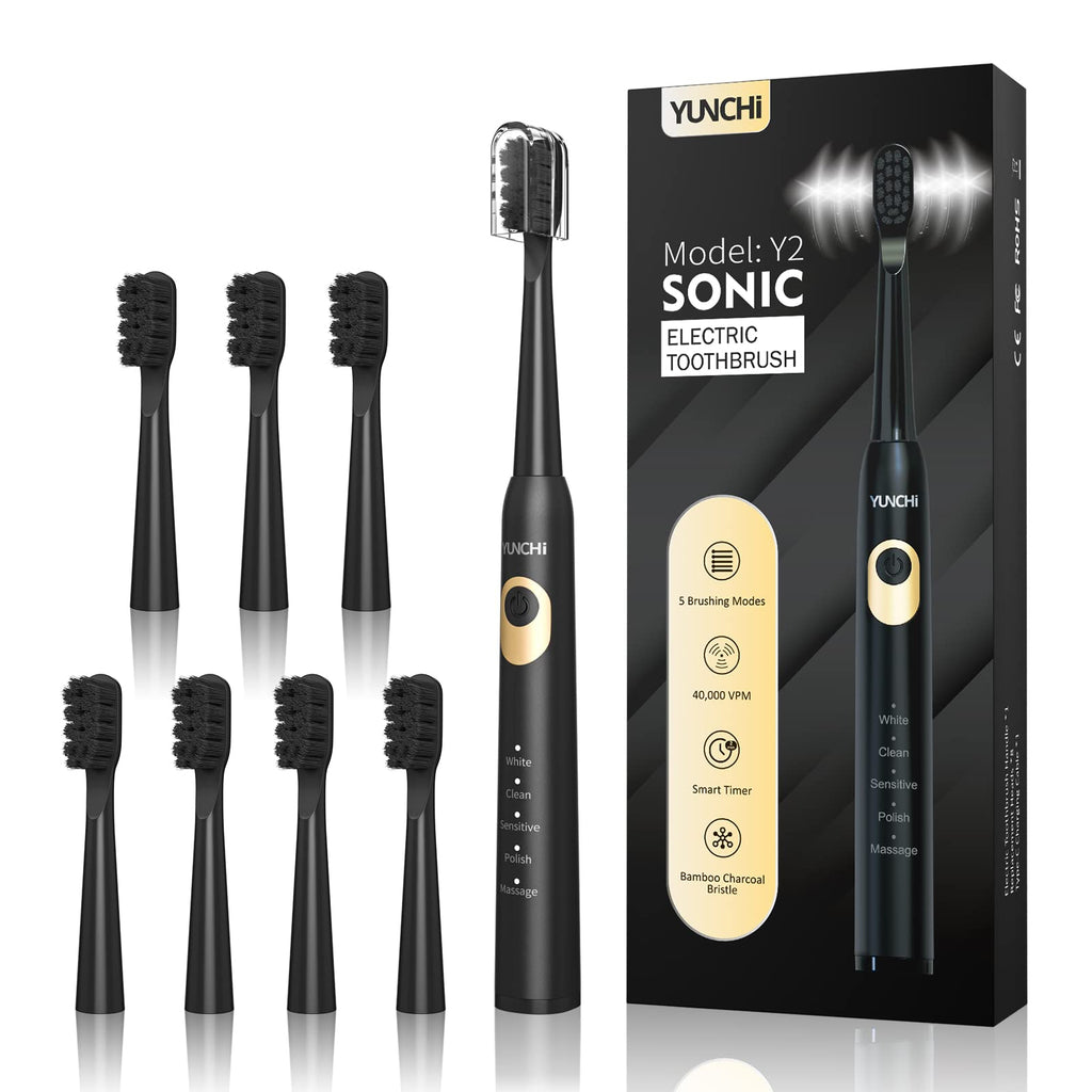 Sonic Electric Toothbrush for Adults with 8 Charcoal Brush Heads, YUNCHI Y2 Sonic Toothbrushes Rechargeable Toothbrush Electric with 5 Modes, 40000 VPM, Smart Timer/4 Hours Charging Last 30 Days Black White - BeesActive Australia