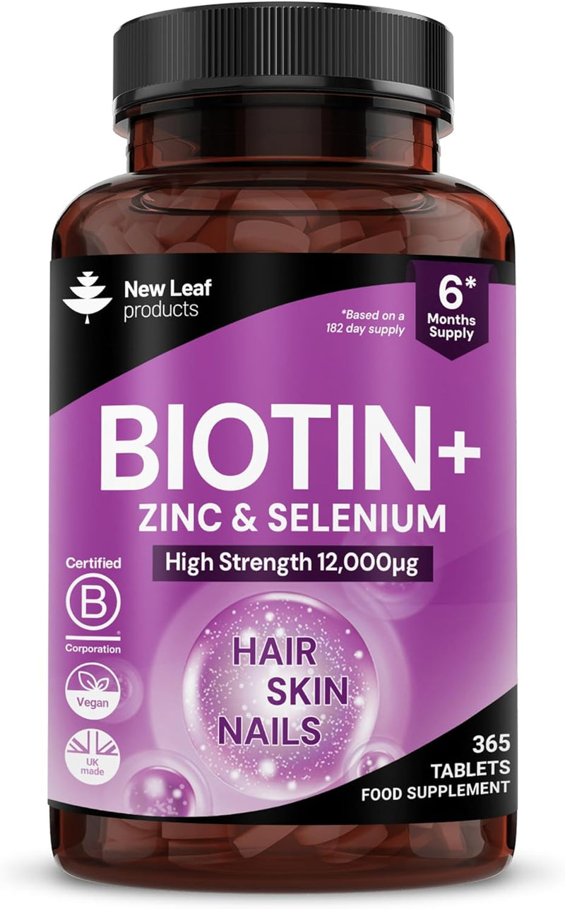Biotin Hair Growth Supplement 12,000mcg with Zinc, Selenium & Copper - Full Year Supply 365 Vegan High Strength Biotin Tablets for Hair - Supports Hair, Skin & Nail Growth - Hair Growth - Nutravita 12,000mg - BeesActive Australia