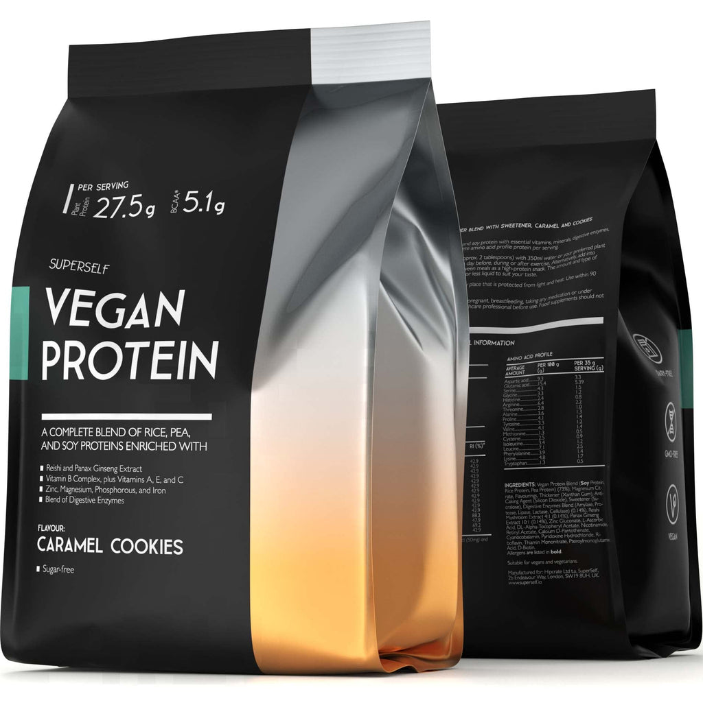 Vegan Protein Powders - Plant Based Protein Powder 420g - Caramel Cookies Flavour - Enriched with Reishi, Ginseng, Vitamins, Minerals, Enzymes - Sugar Free & Lactose Free - 100% Natural Complete BCAA - BeesActive Australia
