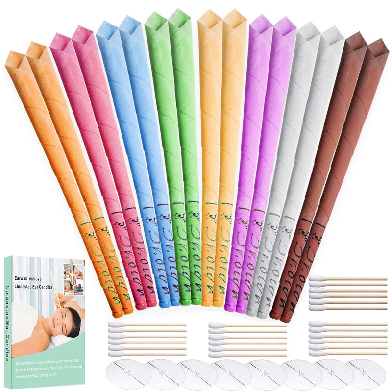 Ear candles,16pcs All Natural Hopi Ear candles Beeswax Candling Cones,Lindastas Ear wax candles,100% Non-Toxic Cylinders Fragrance Hollow Cone Candles with(8 Colours)+8 Protective Disks+30 Cotton Swab - BeesActive Australia