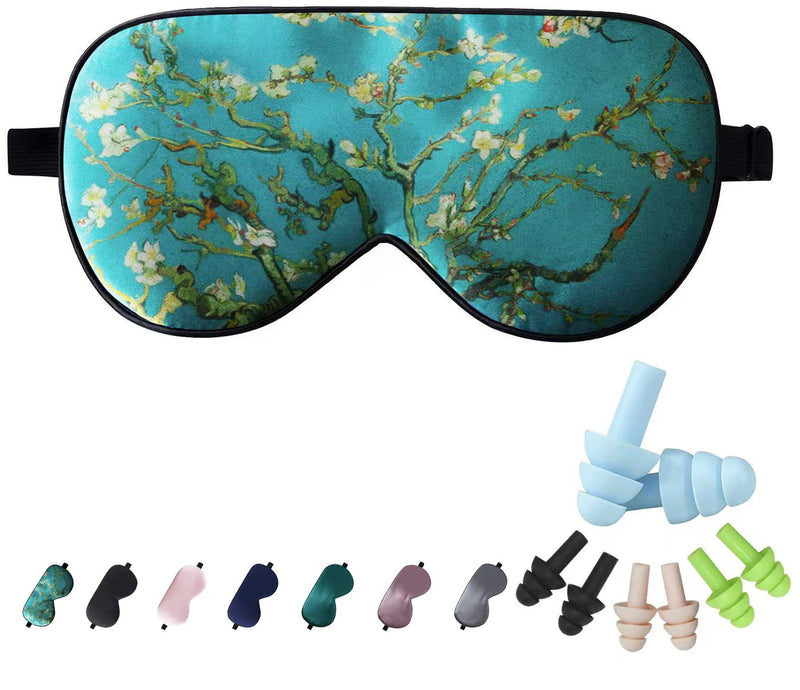 LaCourse 100% Natural Mulberry Silk Eye Mask for Sleeping with 4Pair EarPlugs & Travel Pouch, Both Sides 19 Momme Organic Silk, Adjustable Silk Sleep Eye Mask for Women, Green-Floral Green Floral With 4pair Earplugs - BeesActive Australia
