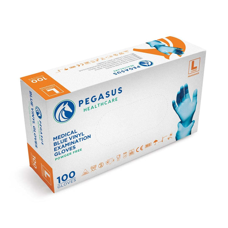 Pegasus Healthcare Blue Disposable Vinyl Medical Examination Gloves Powder & Latex Free (Large) L (Pack of 100) - BeesActive Australia