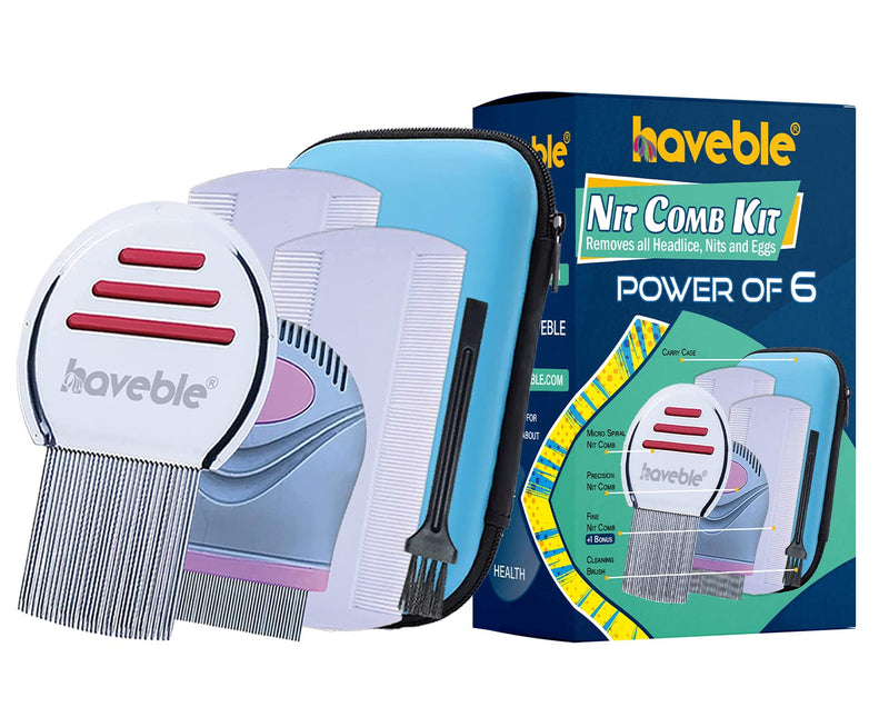 Haveble Complete Nit Comb Kit-Power of 6-Removes all Headlice Nits Ticks Fleas Eggs-Lice Removal Hair Combs for Adults Kids Pets-No Chemical Treatments-Made of High Grade Metal Stainless Steel Plastic - BeesActive Australia
