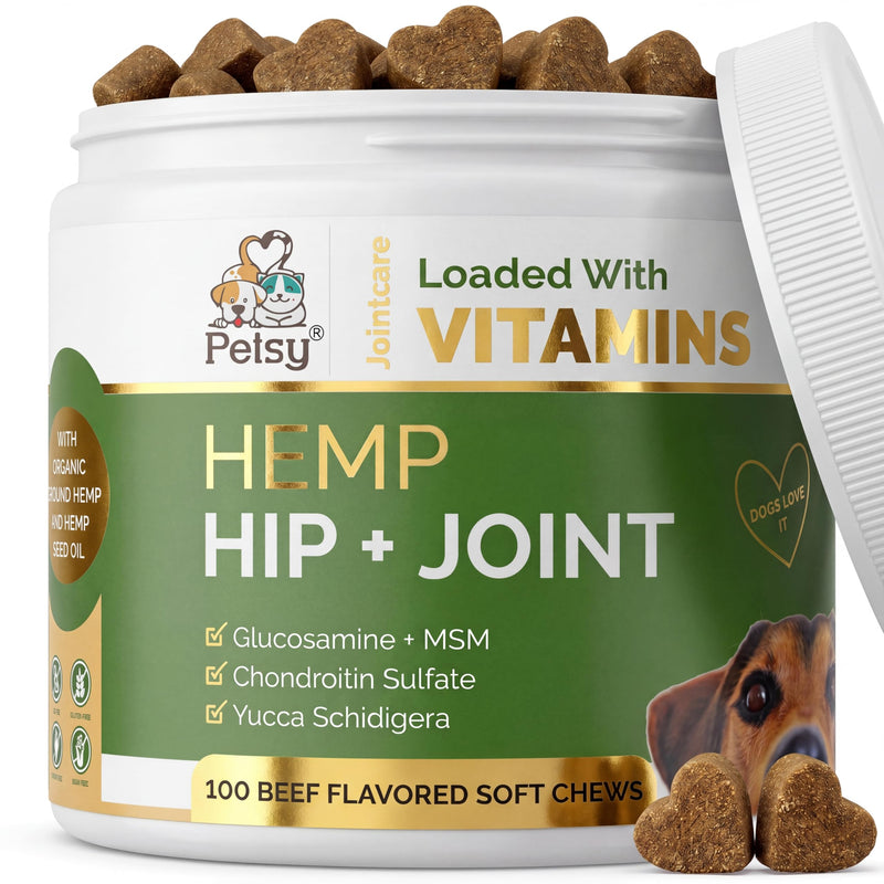 Petsy Hip and Joint Supplements for Dogs CALMING Hemp ACTIVE, Glucosamine, Chondroitin, MSM. Multivitamins |100 SOFT Chews| Daily NATURAL Aid CALMING Hemp oil suitable for All Dogs + Age Related Pain One Tub